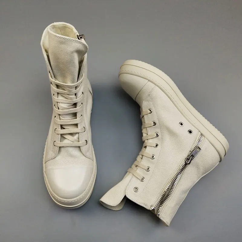 Men Casual Canvas Shoes High Luxury Trainers Lace-Up Zip Spring Male Basic White Brand Flats | Обувь
