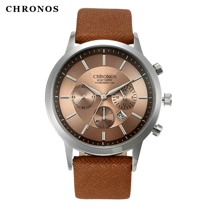 CHRONOS мужские коричневые повседневные деловые часы водонепроницаемые с