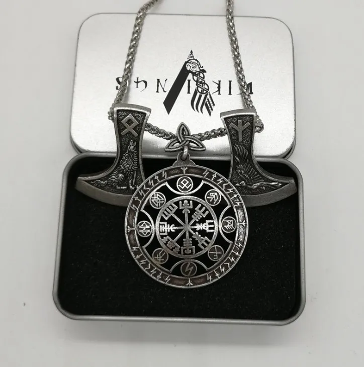 Античное серебряное ожерелье Vegvisir компас Ворон Вольф подвеска в виде топора Руна