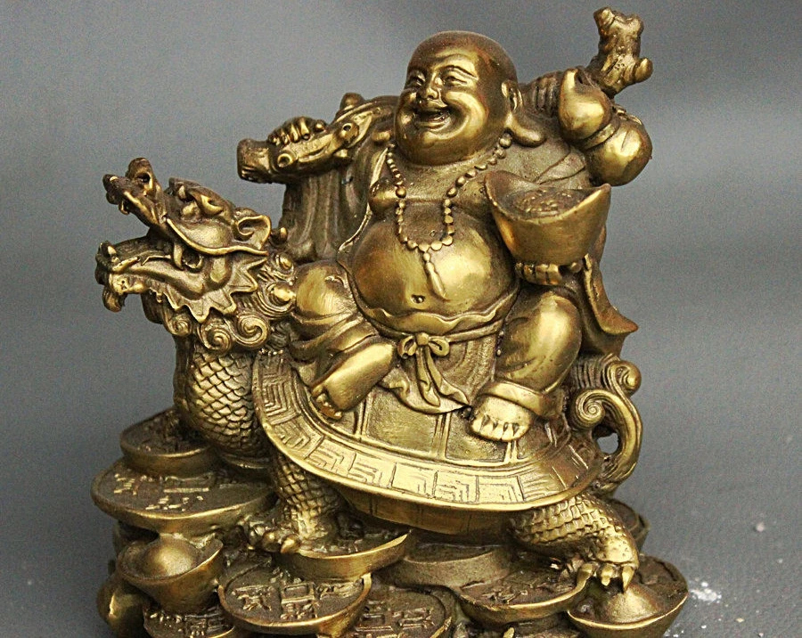 Китай латунь для богатства с юаньбао монетами Gourd Maitreya Будда езда статуя дракона