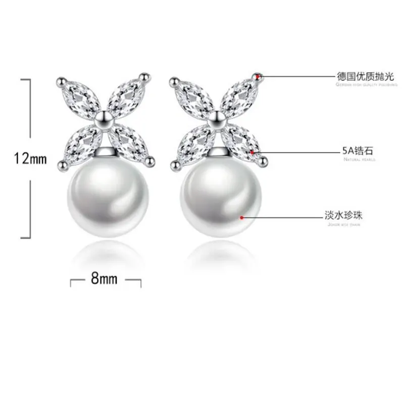 ANENJERY 925 Sterling Silver Simple Fashion AAAAA CZ Zircon Pearl Stud Earrings For Women Wedding Jewelry Oorbellen S-E532 | Украшения и