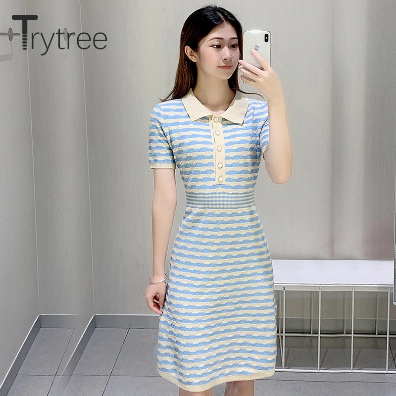 Trytree Summer Women Dress Casual Turn-down Collar Striped Shirt Dresses Elastic Knitting Office Lady A-line Knee-Length | Женская
