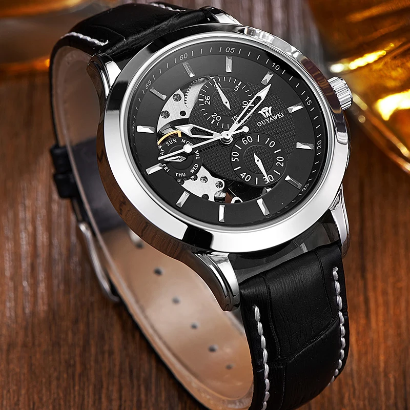 Ouyawei Montre Automatique Homme бизнес стиль черные кожаные автоматические часы с