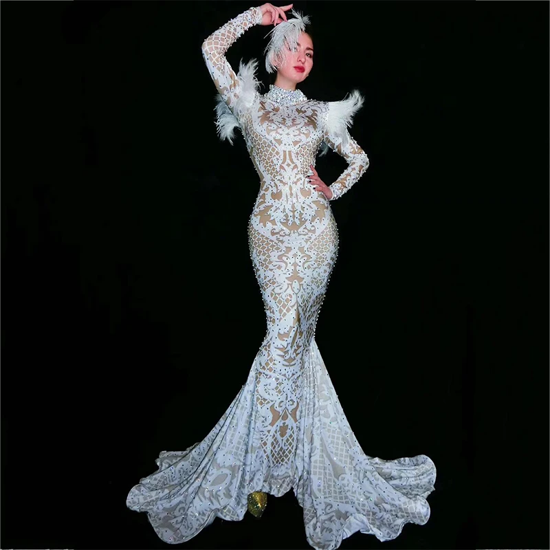 

Shining Silver Rhinestone Long Dress Women Evening Costume Prom Celebrate Big Tail Dresses Female Party Stage Outfit DT828
