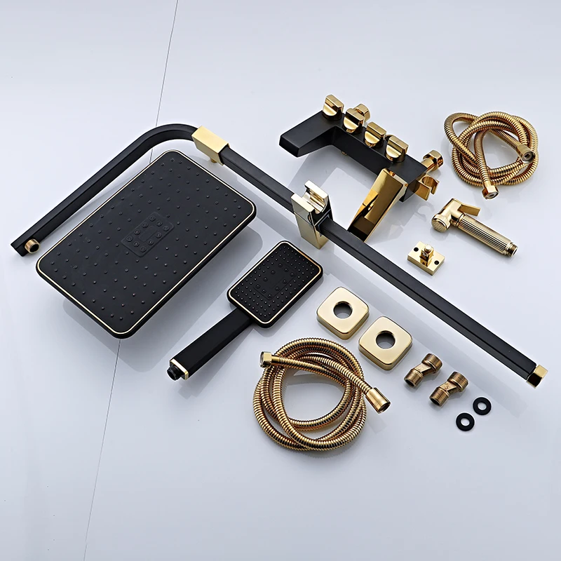 Bathroom Luxury black Golden shower set message with shelf gold bathroom Shower faucet Bathtub Faucet Sets Обустройство дома
