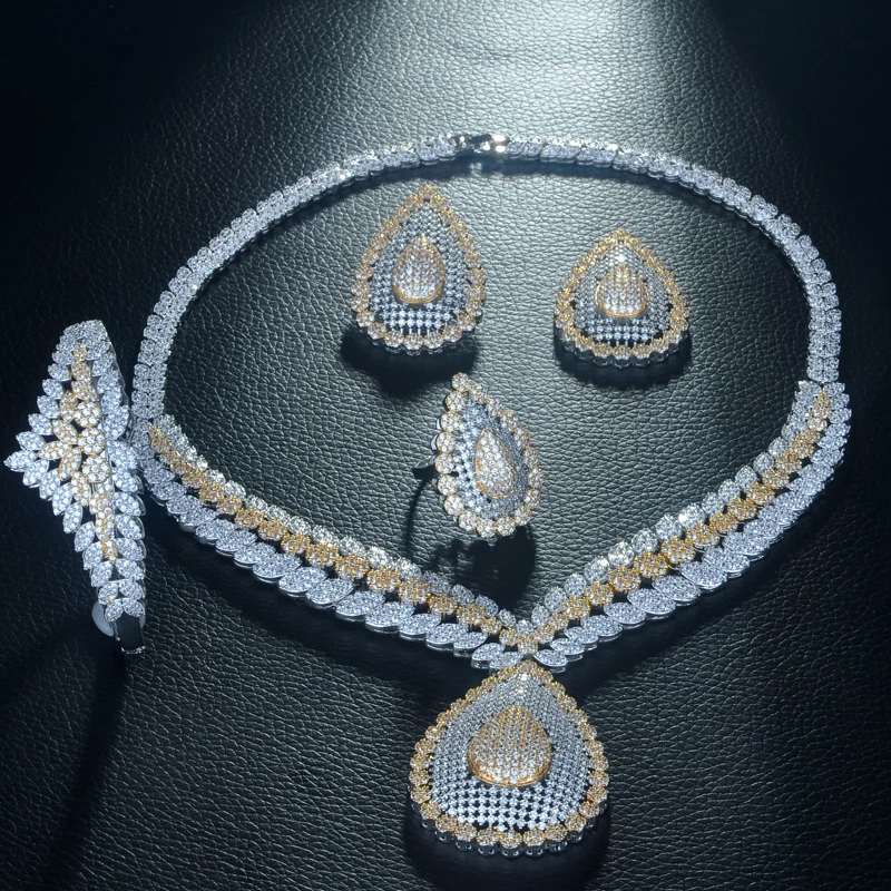 Be 8 2 Tones Copper Cubic Zirconia Wedding Jewelry Set Dubai Bridal 4pcs Necklace Bracelet Earring Ring Bijoux Femme S305 | Украшения и