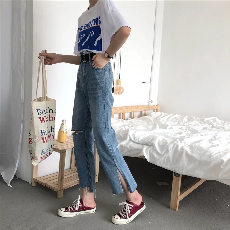 2020 summer fashion crooped denim pants with hole high waist flare jeans split at hem | Женская одежда