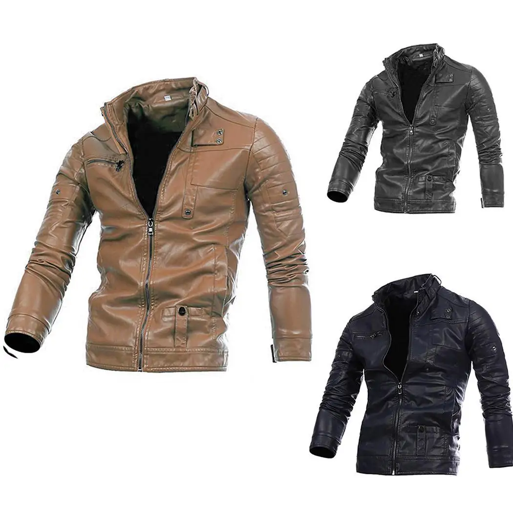 Мужская модная куртка из искусственной кожи с воротником-стойкой на молнии