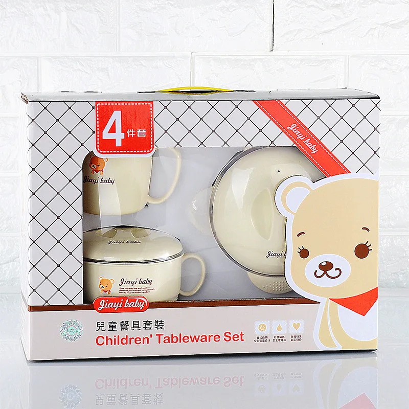 4pcs/set 304Stainless steel baby Set Feeding Cup Spoon For Kid Dinnerware Water Warm Children Anti-hot Tableware