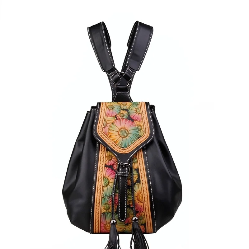 Винтажный женский рюкзак из натуральной кожи с гравировкой и цветочным узором