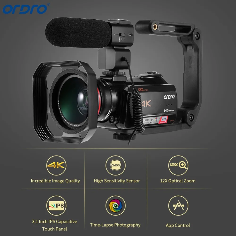 Ordro AC5 в формате 4 K UHD, цифровой видео фотоаппаратов и видеокамер с переменным фокусным расстоянием 12X FHD 24MP Wi-Fi ips Сенсорный экран цифровой оптический DV Мини камеры-регистраторы
