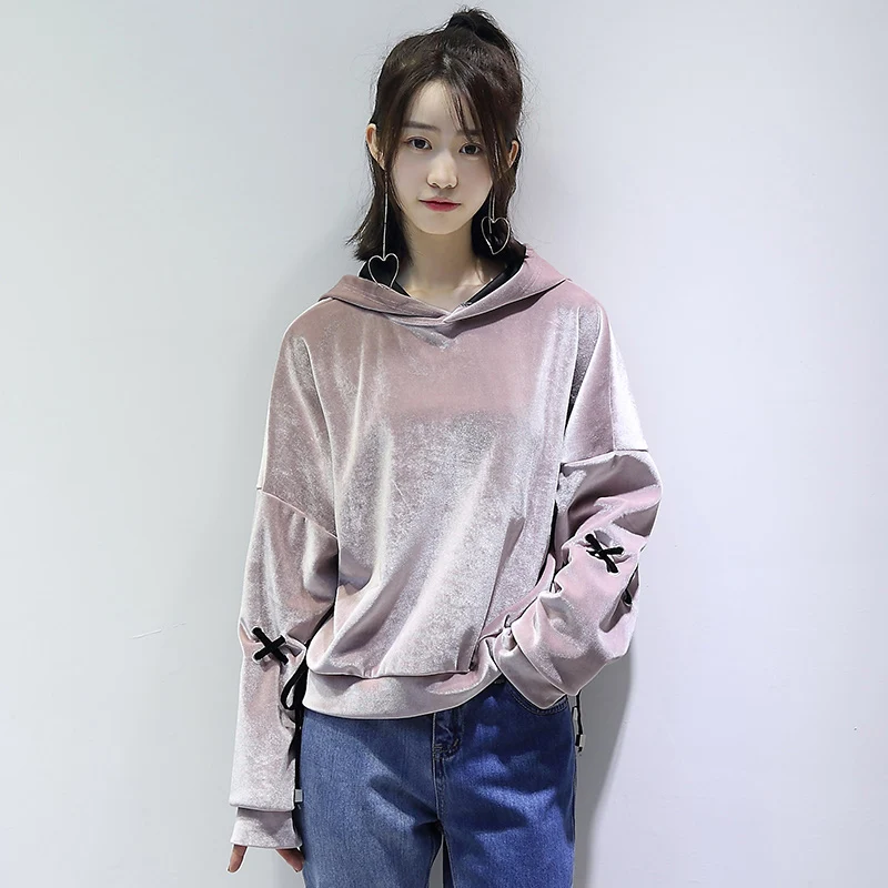 Осень 2017 г. красный сплошной Цвет бархат Для женщин с капюшоном повязки рукавом