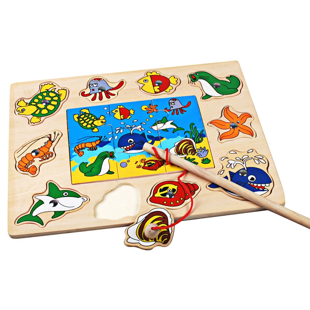 Деревянные магнитные игрушки для рыбалки детские мини в океане крабы рыбки пазлы
