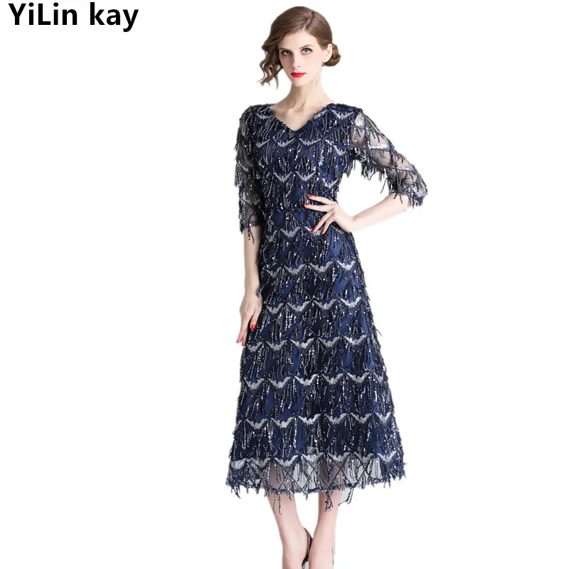 YiLin kay 2019 Высокое качество летние роскошные женские платья с V-образным вырезом