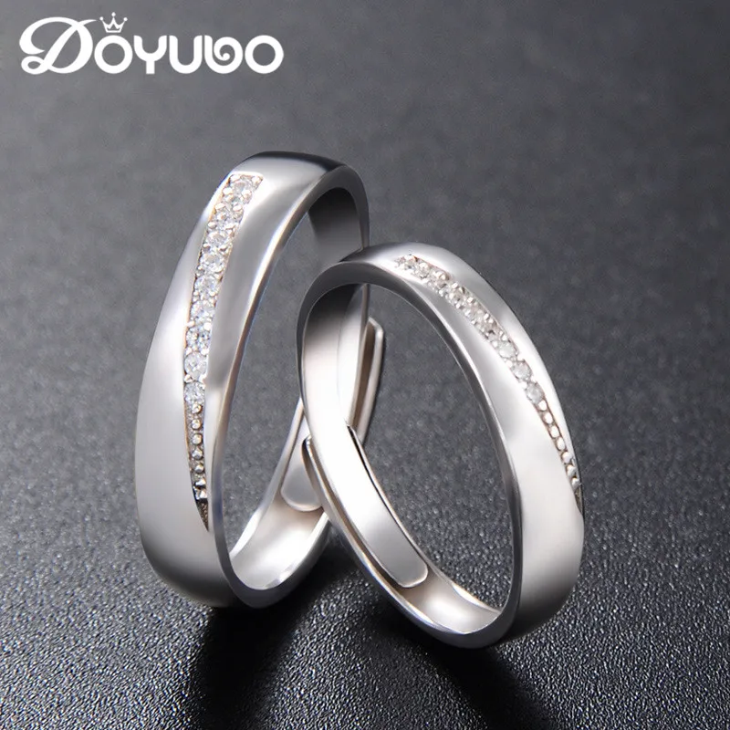 

DOYUBO Fashion 925 Sterling Silver Lovers Rings Adjustable Size Pure Silver Couples Rings With Cubic Zirconia Wedding Ring VB262