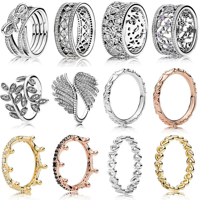 

Classic Silver Color Rings With Crown Leaves Bow Crystal Wedding & Party Wide Ring For Women Party Jewelry