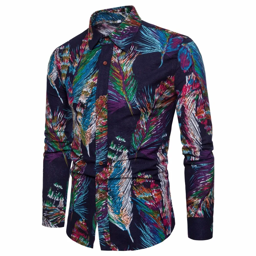 Мужская 2018 рубашка с длинным рукавом Гавайская Camisa Masculina модная брендовая