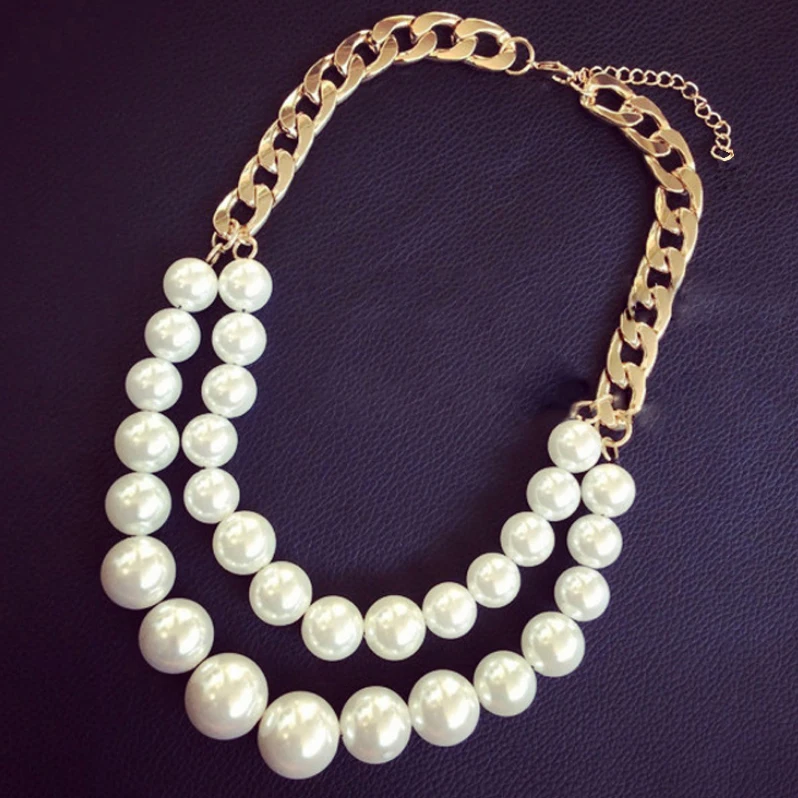 

Free shipping Hyperbole 2 layer Rough chain Imitation pearl necklaces Temperament Short charm pearl Chains Necklaces women