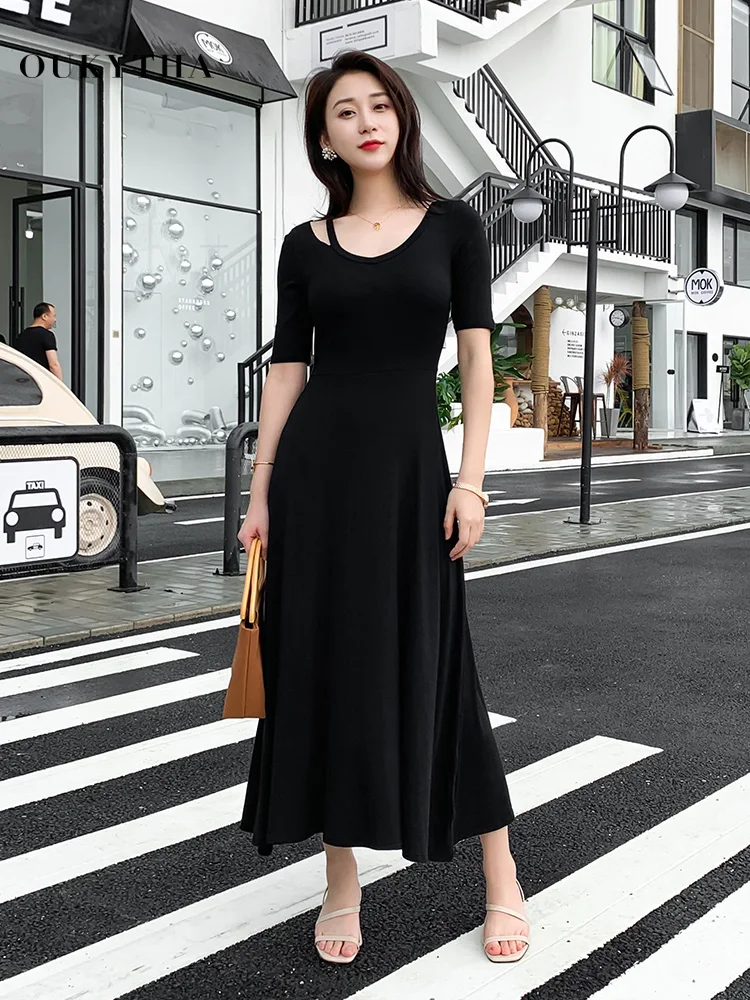 Oukytha Летнее Длинное платье Fit and Flare черный Для женщин платья Рубашка с короткими