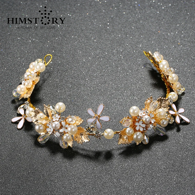 

HIMSTORY Handmade Elegance Flower Artificial Pearl Veil Tiaras Bridal Vintage Headpiece Hair Jewelry Hairwear