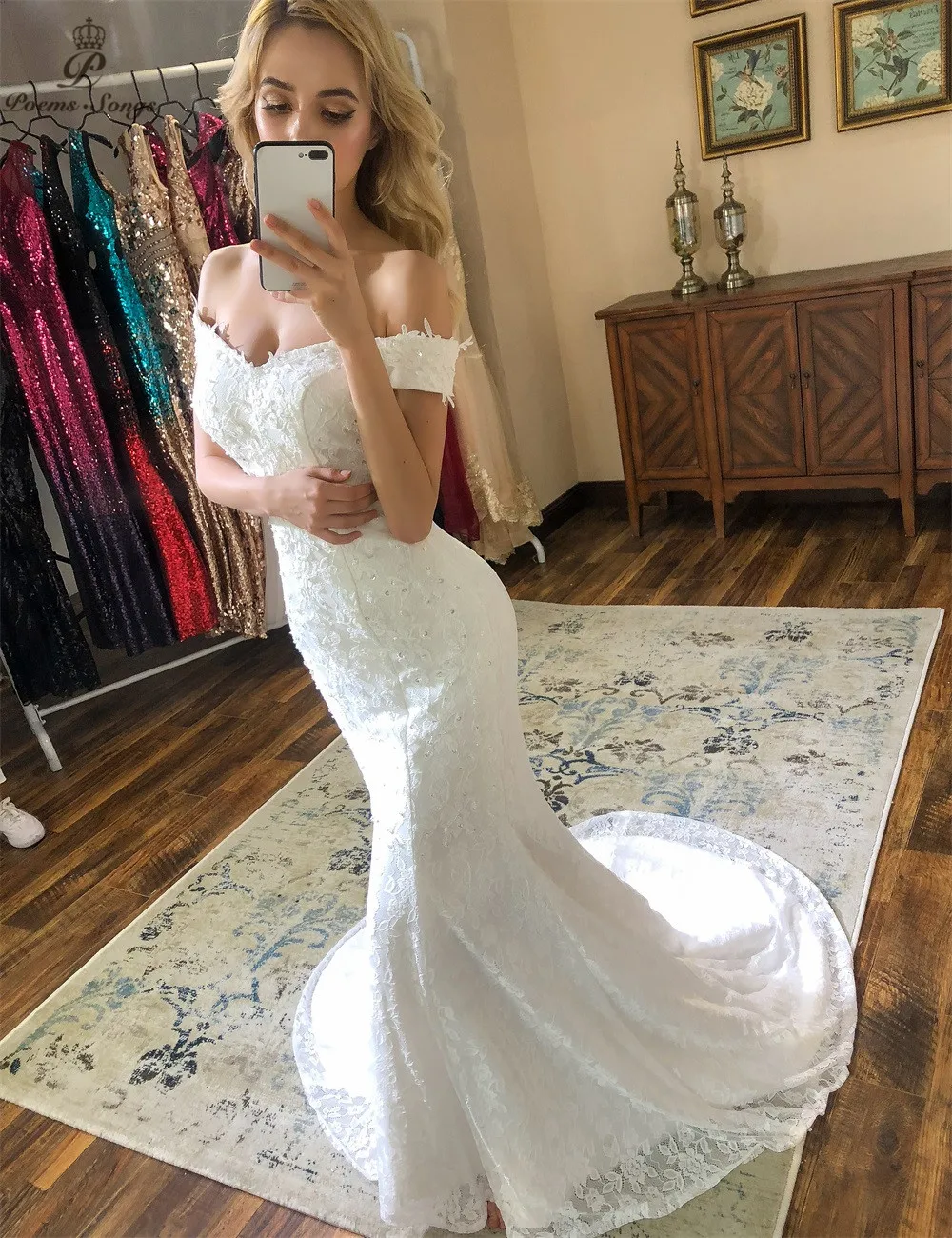 PoemsSongs new style boat neck beautiful lace wedding dress 2021 Vestido de noiva Wedding gowns Mermaid |