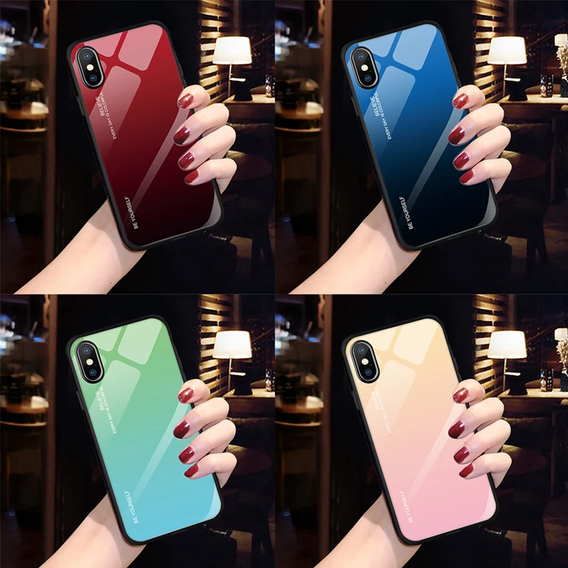 Tempered Glass Case For iPhone XS XR 7 8 X 6 6S Plus Gradient Color Blue Ray Aurora Skin Back Cover Max |