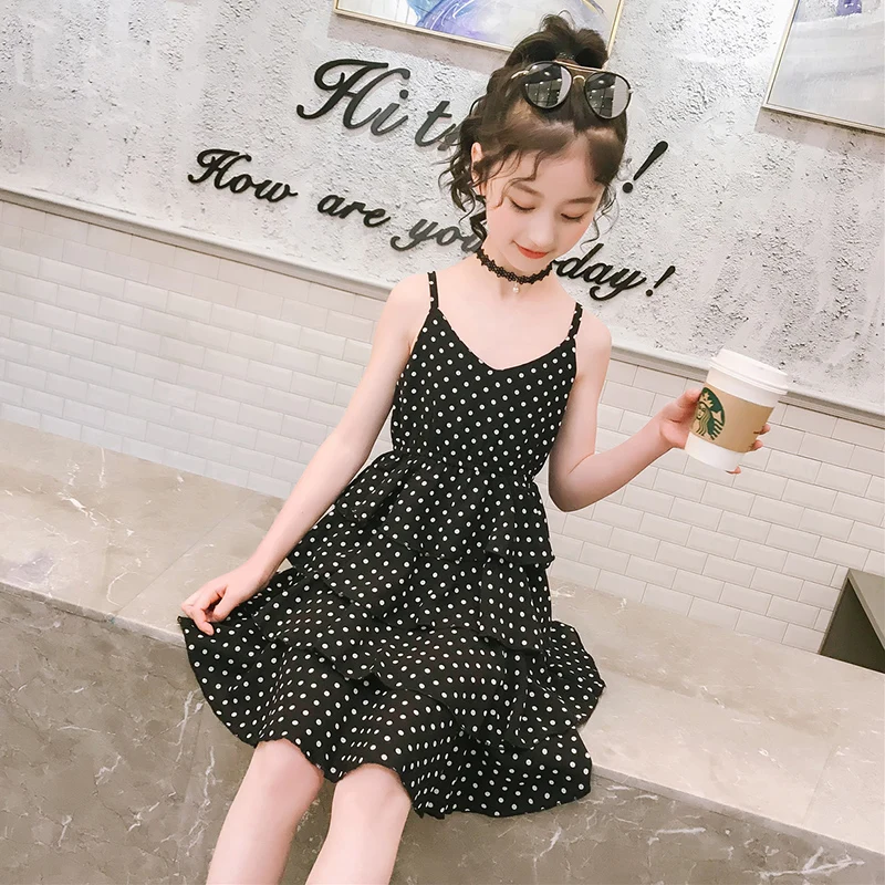 Baby girl polka dot tiered dress summer beach spaghetti strap boho chiffon toddler layered cake kid black white new | Детская одежда и