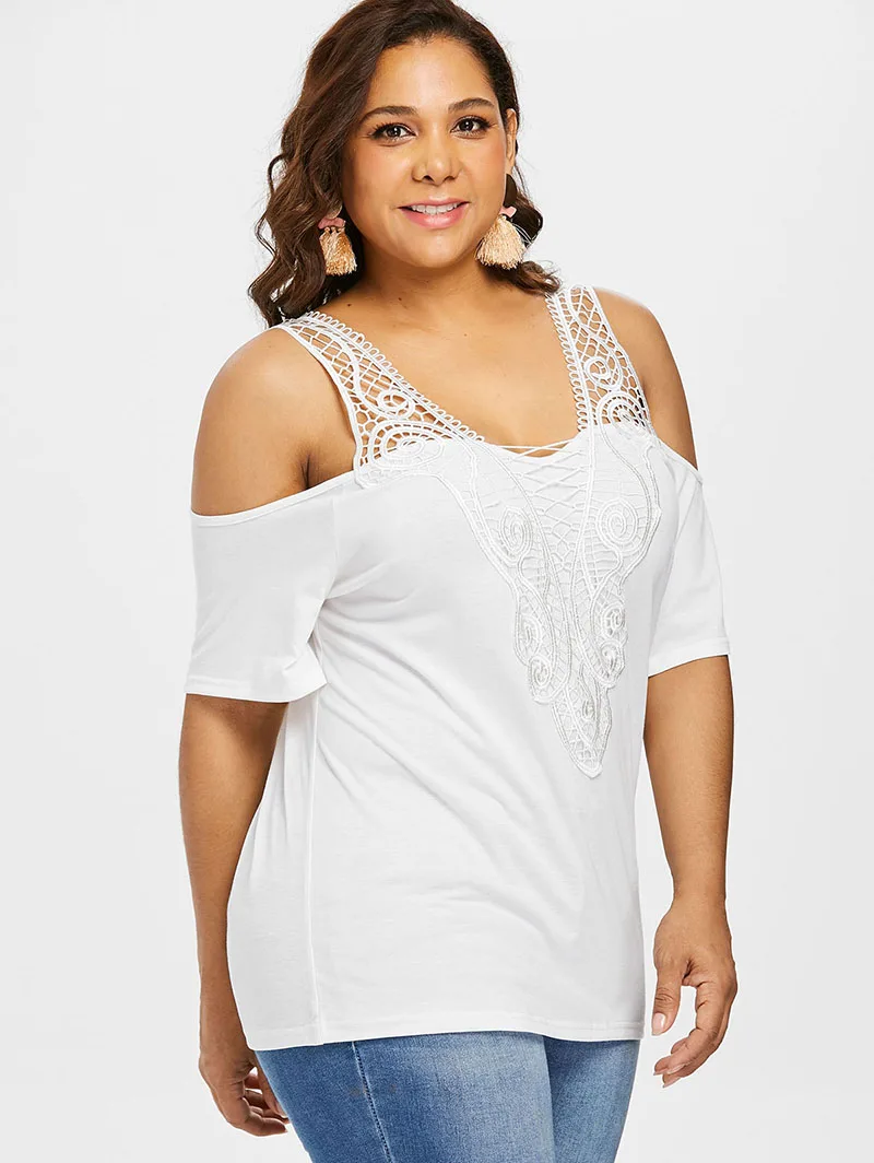 PlusMiss Plus Size 5XL Sexy Off the Shoulder White Lace Crochet Blouse Women Short Sleeve Tops Summer Big XXXXL XXXL XXL |