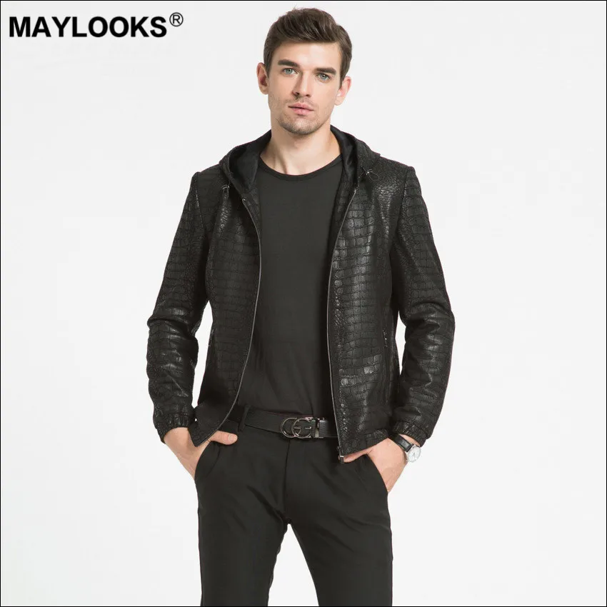 Maylooks 2018 Новая мужская кожаная куртка из овчины с крокодиловым принтом