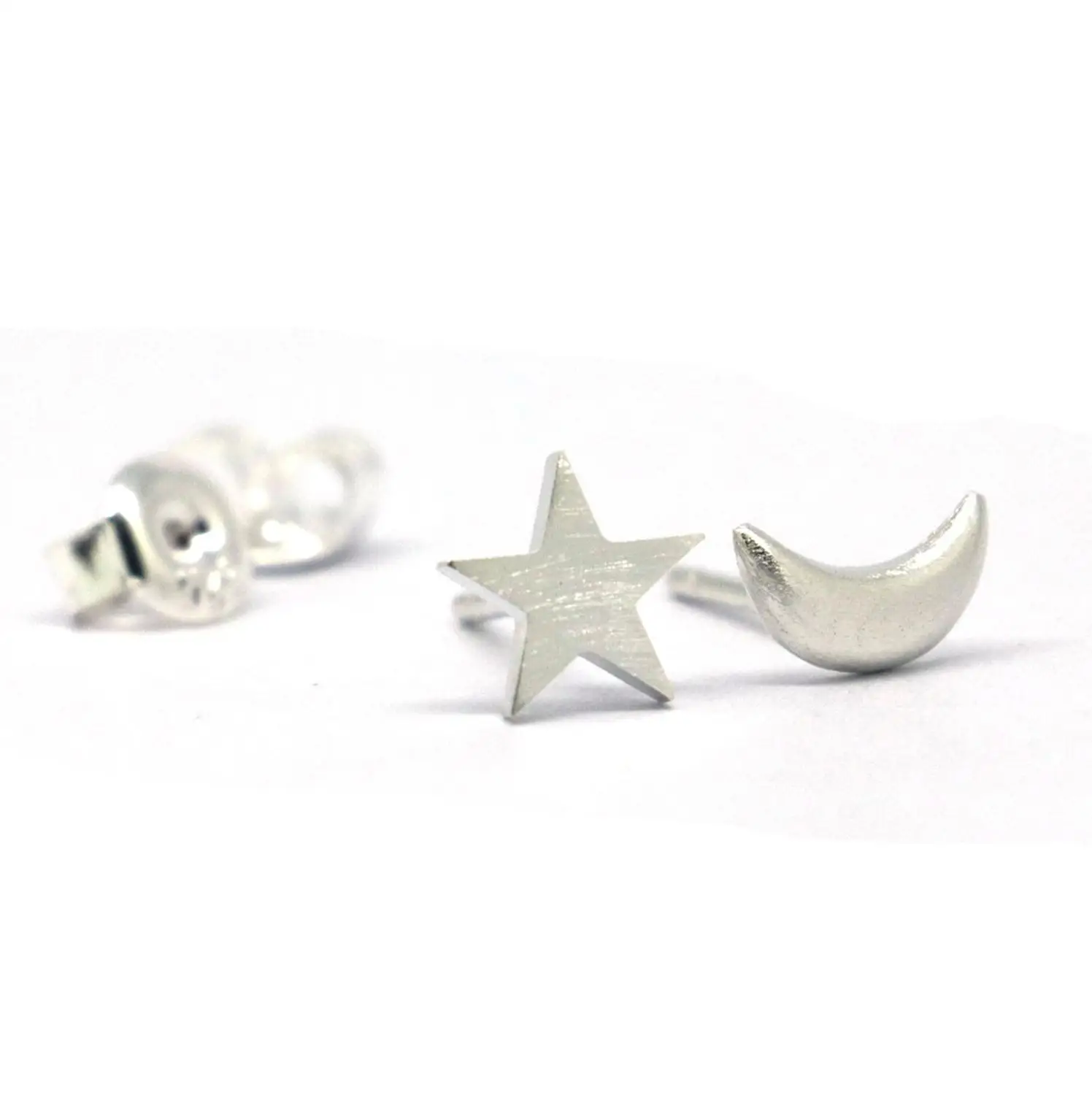 MOON and STAR Серьги-гвоздики из твердого стерлингового серебра - Окраска металла: MOON and STAR