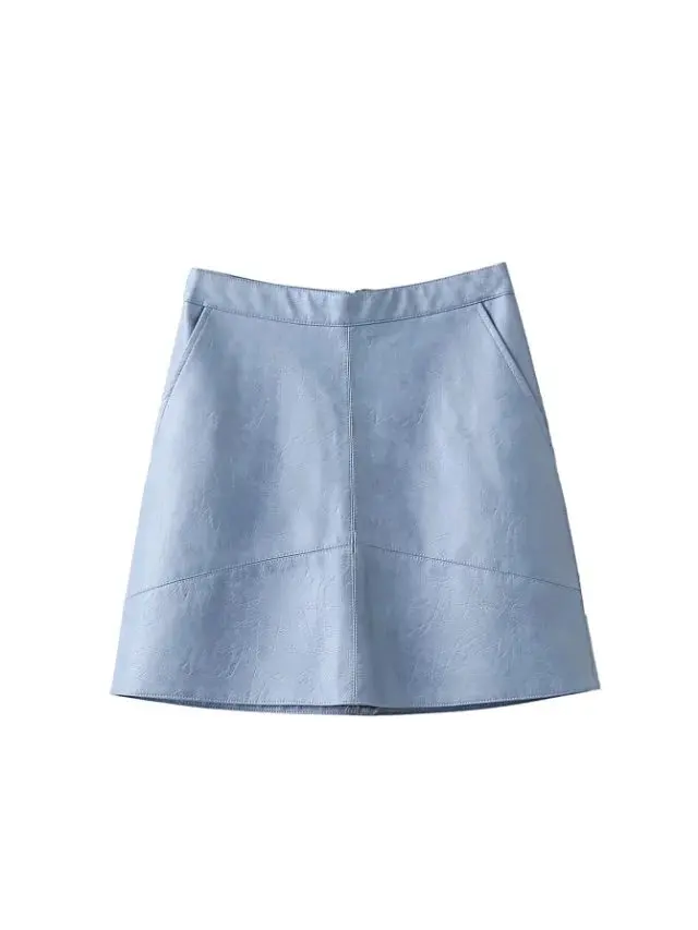 B Blue JuneLove модная женская юбка из искусственной кожи с высокой талией, Женская мини-юбка на молнии - Цвет: B Blue