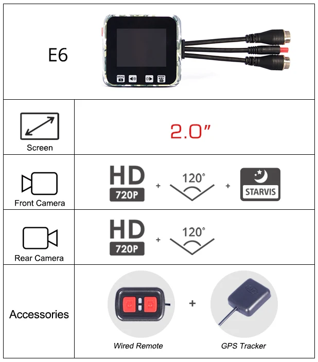 E6 with Remote GPS SYS VSYS E6 WiFi 2CH мотоцикл DVR камера рекордер двойной HD 720 P передний и задний вид водонепроницаемый объектив ночного видения система приборной камеры - Название цвета: E6 with Remote GPS