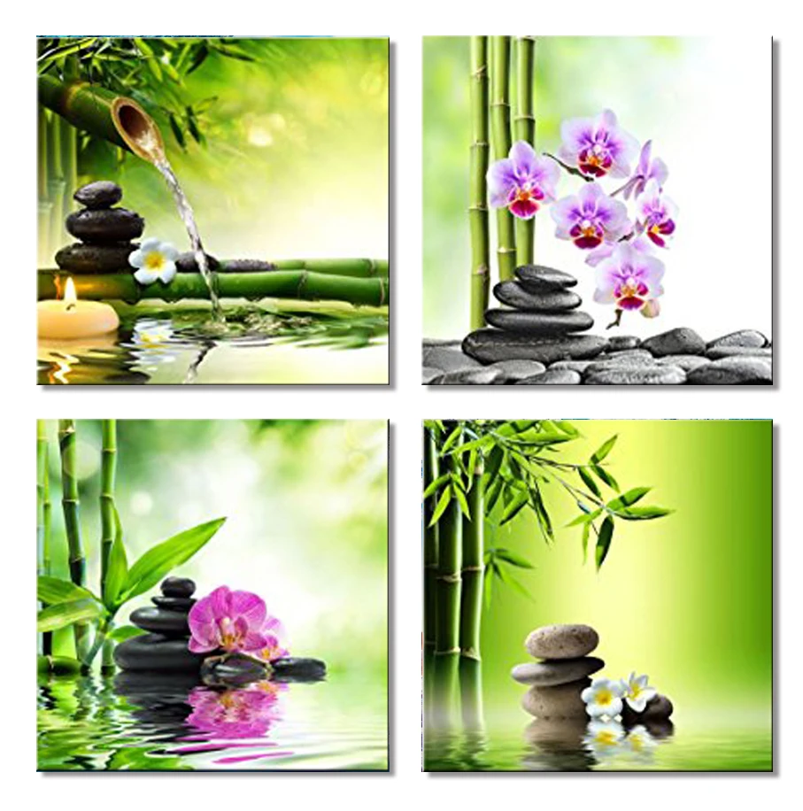 4 шт. художественное оформление на холсте зеленая Орхидея галька модульный