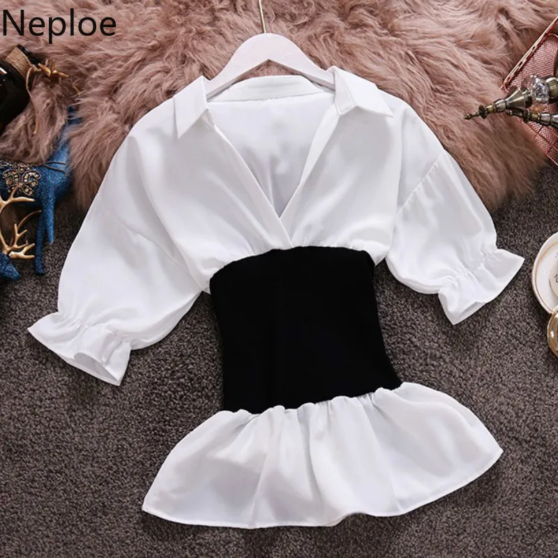 Neploe Chiffon Women Blouse Summer 2019 New V-Neck Puff Sleeve Blusa Fashion Slim Waist Ladies Tops 44599 |