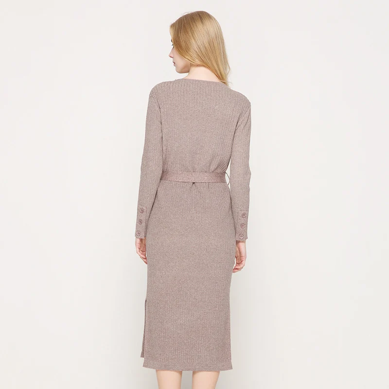 

AECU Women Autumn Winter Knitted Dresses Elastic V-Neck Long Sleeve Elegant Dress With Belt Casual Lady Robe Dresses