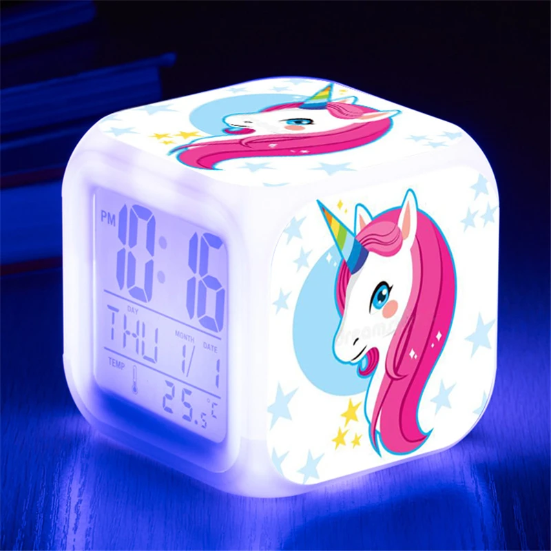 

7 Color kids unicorn Lamp Alarm Clock LED Digital Clock wake up Lamp Glowing novelty Light Bedroom Desk Clock Decor Baby Gift