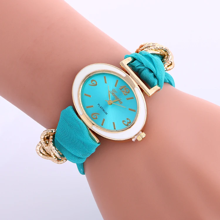 100pcs/lot oval head gold case geneva watch cloth belt fashion ribbon elegance wrap quartz wholesale lady wristwatch | Наручные часы