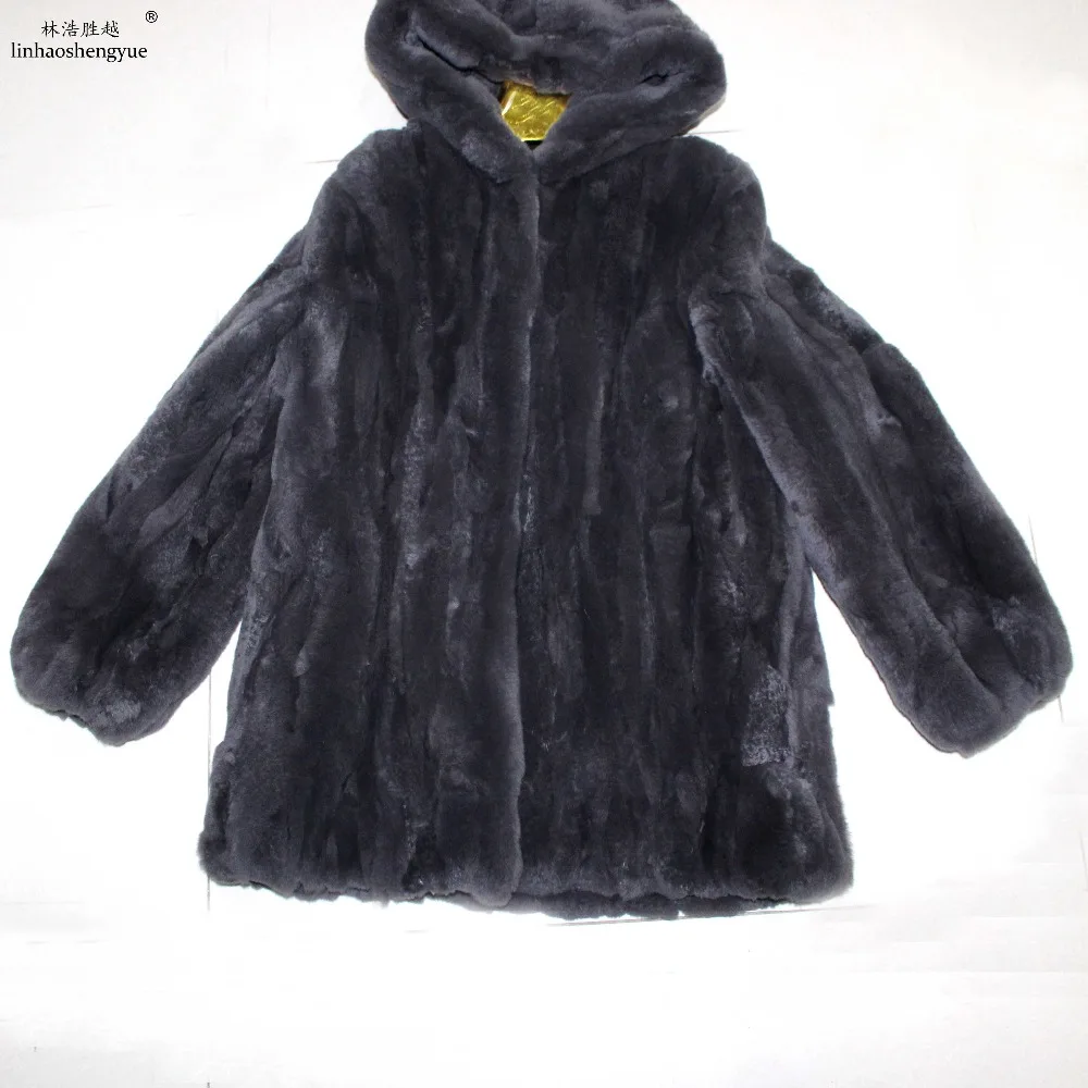 Linhaoshengyue Real Rex Rabbit Fur Women Coat with Hood  Freeshipping