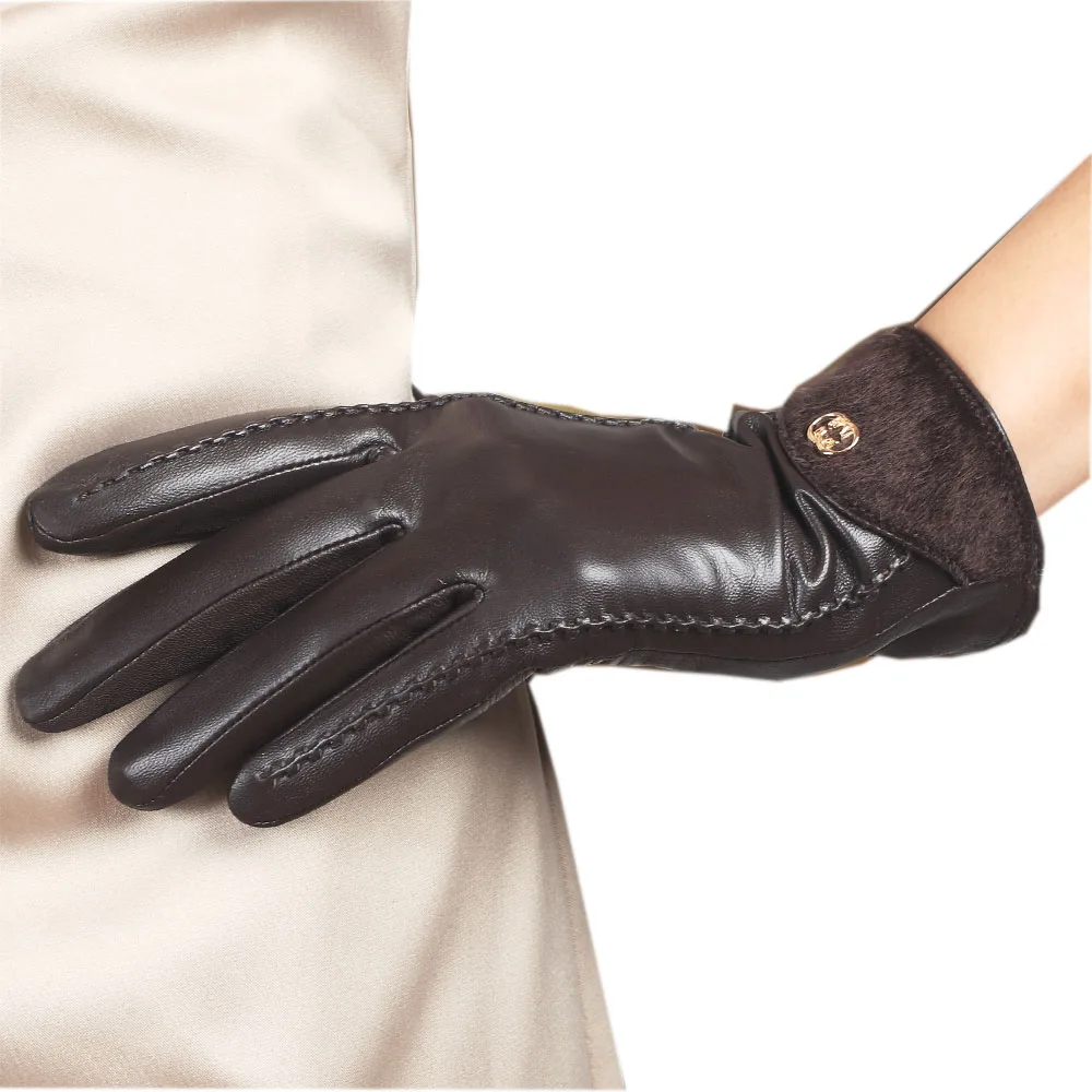 

Winter Top Fashion Goatskin Genuine Leather Gloves Women Wrist Fur Adornment Sheepskin Glove Fleece Lining Limited L148NQ-5