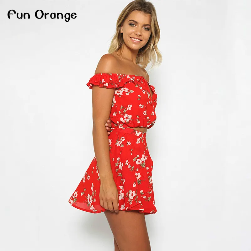 Fun Orange Из Двух частей Красный Шифон Летом Dress Женщины 2017 Vintage Партия Оборками