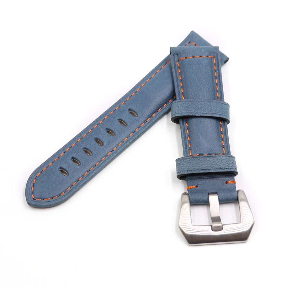 Rolamy 22 24mm Watch Band Strap With Silver Brushed Buckle Blue Real Leather Handmade Replacement Thick Vintage Wrist Watchband