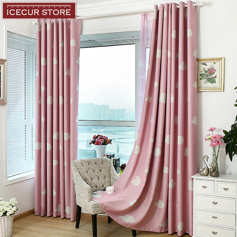 ICECUR Korean Style Cartoon Children Blackout Curtains White Clouds Printed for Kids Bedroom Living Room Girl Room Window Drapes
