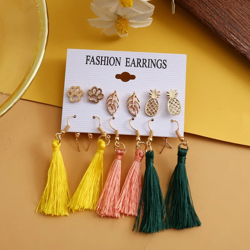 Belleper New Design Tassel Earring Sets Women Geometric Bohemian Gold Flower Long Tassel Earring Set Fashion Wedding Jewelry