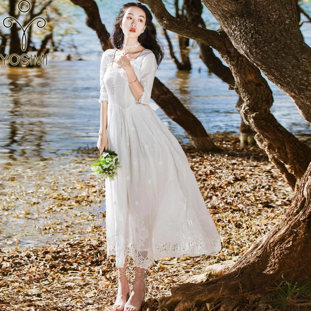YOSIMI летнее длинное женское платье для вечеринки Vestidos белая, тонкая, прозрачная ткань с вышивкой Макси элегантная половина рукава o-образным вырезом длиной до щиколотки