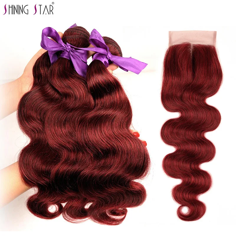 

Burgundy Red 99J Body Wave Bundles With Closure Colored 99J Indian Human Hair 3 Bundles With Closure Remy Weft Shining Star Hair