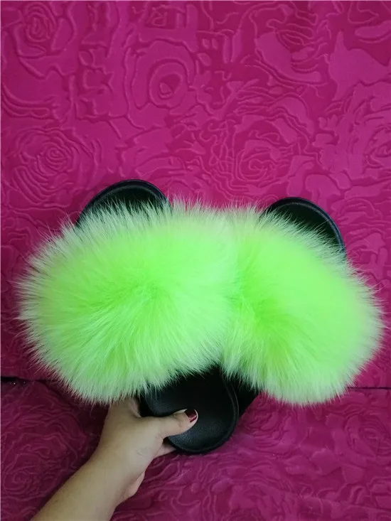 COOLSA Hot Women's Striped Plush Fur Slippers Super Fluffy Furry Fox Fur Slides Travel Quick Drying Beach Flip Flops Plus Size - Цвет: as picture shows