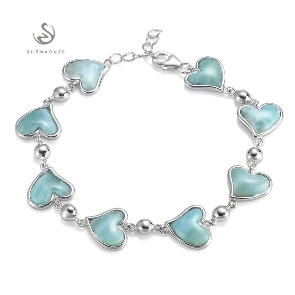 Eulonvan сердце 925 пробы серебряные браслеты для женщин Larimar натуральный камень красивые амулеты женские ювелирные изделия Прямая поставка S-3798