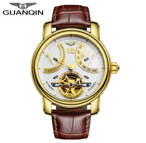 gold white B Роскошные брендовые автоматические механические часы GUANQIN, мужские водонепроницаемые светящиеся часы с календарем, кожаные золотые наручные часы - Цвет: gold white B