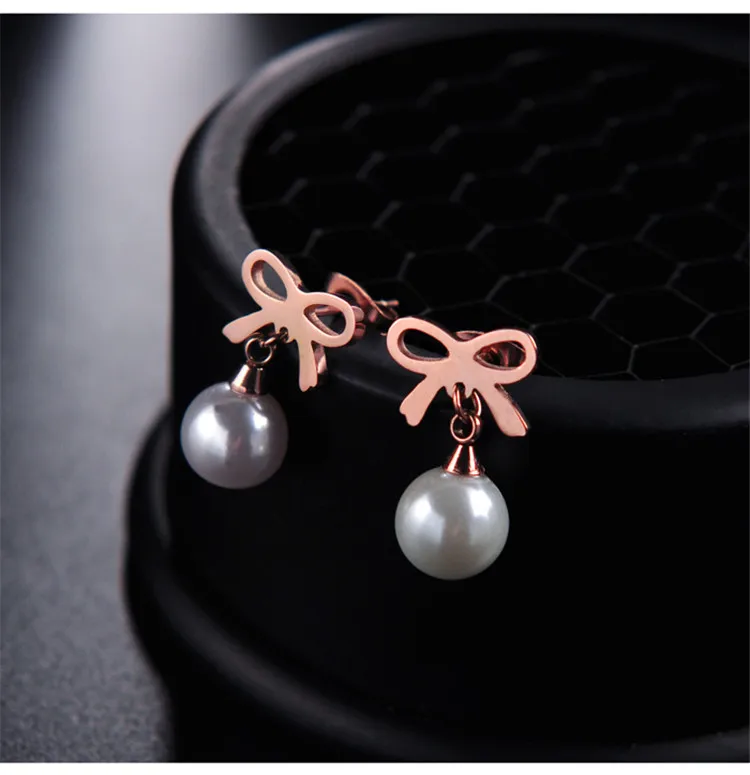 

YUN RUO Fashion European Style Rose Gold Color Bowknot Pearl Stud Earring for Woman 316L Stainless Steel Jewelry Prevent Allergy