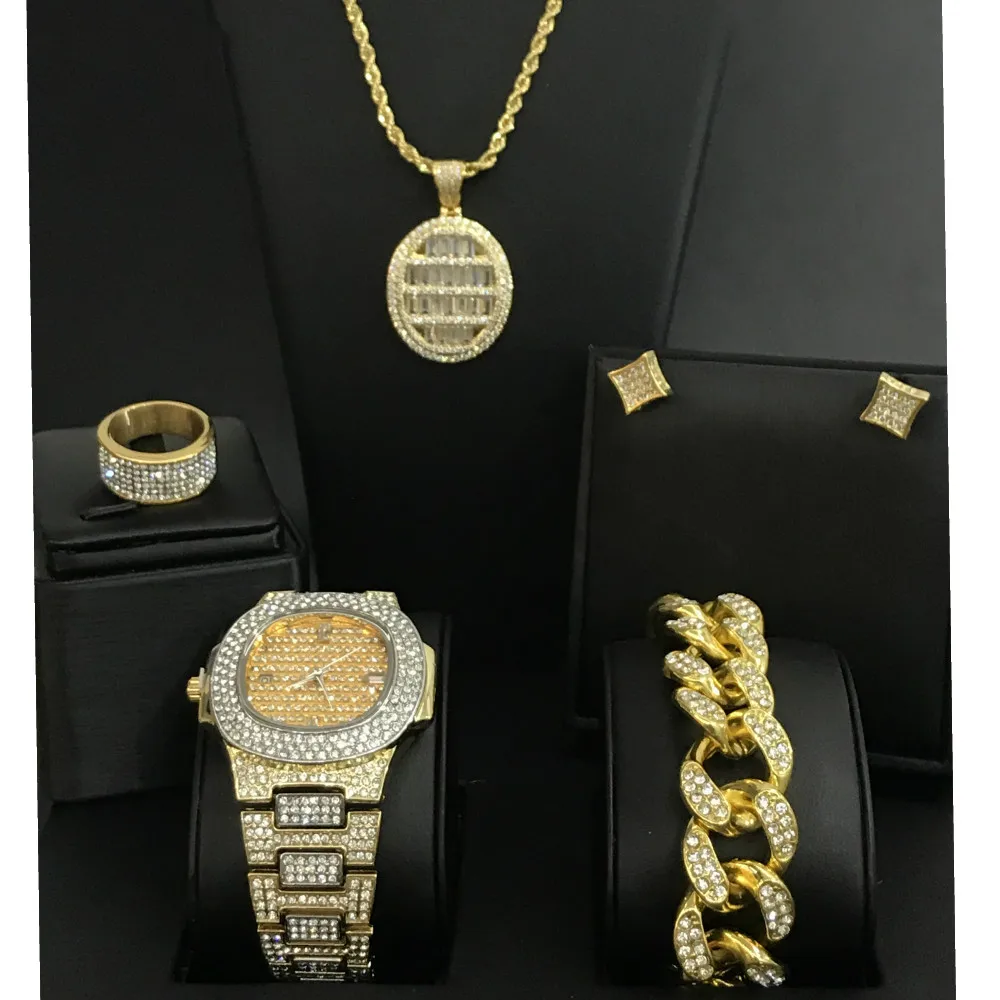 

Luxury Men Watch &Necklace & Bracelet & Earrings &Ring Combo Set Top Brand Hip Hop Crystal Miami Jewelry Set Hip Hop For Men